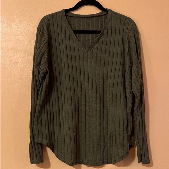 Olive Green V-Neck Ribbed Sweater - Picture 1 of 5